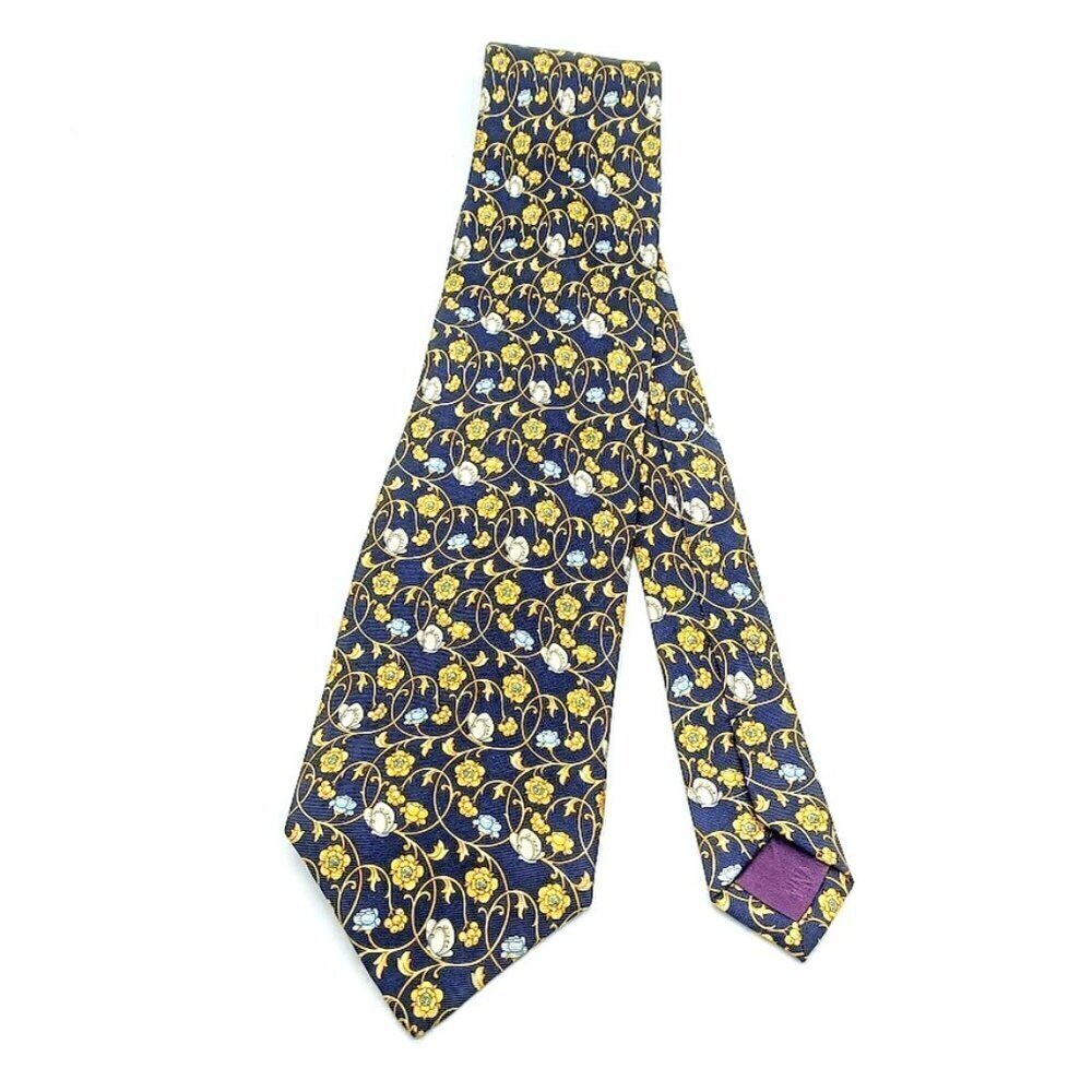 Handmade Nina Ricci Navy Blue Gold Floral Made in France Silk Tie